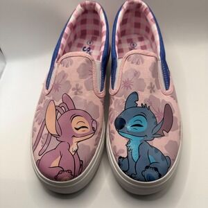 Disney Lilo & Stitch Angel Pink Blue Hibiscus‎ Slip On Sneakers Womens 8